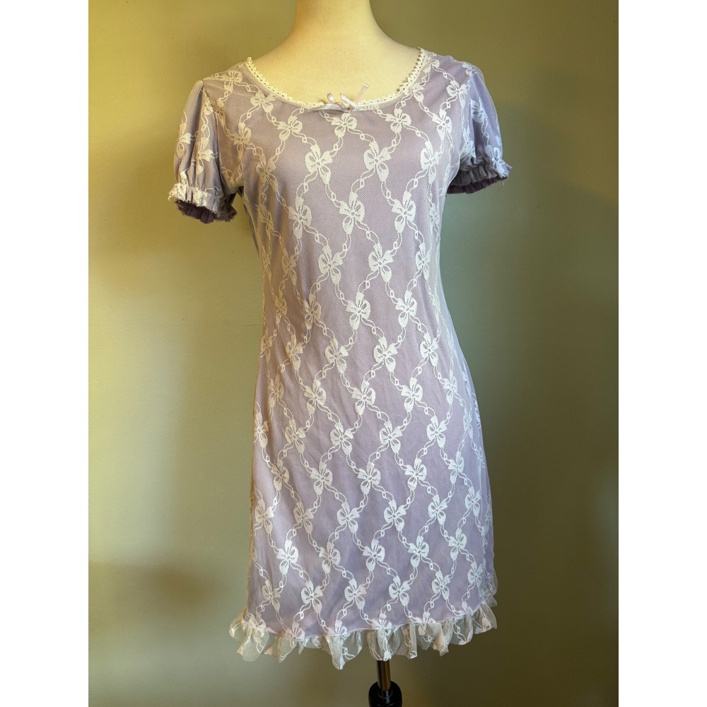 Romwe Lavender Lace Bow Mini Dress‎ Pastel Purple Coquette Ruffle L y2k dainty